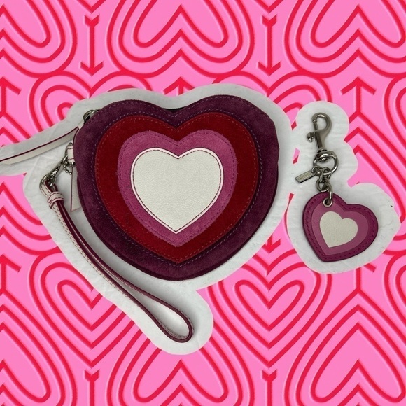 Coach Ombre Heart Leather and Suede Keychain Key Chain Charm Fob & Coin Bag Set - Picture 14 of 14